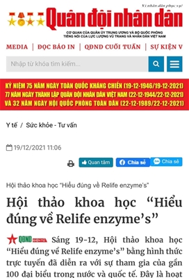 BÁO QUÂN ĐỘI NHÂN DÂN ĐƯA TIN VỀ HỘI THẢO KHOA HỌC TRỰC TUYẾN ”HIỂU ĐÚNG VỀ RELIFE ENZYMES”